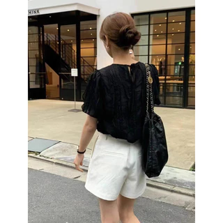 เสื้อเชิ้ตแขนสั้นจับจีบคอกลมสีพื้นอเนกประสงค์สําหรับฤดูร้อน เสื้อแฟชั่นผู้หญิง เดรส