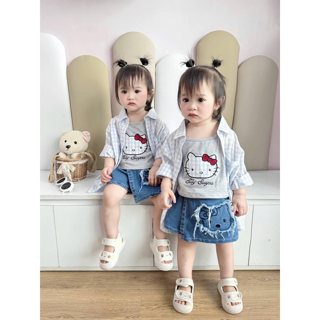 G286 (ขนาด 90-150) ชุดเซ็ท 3 ชิ้น เสื้อสายเดี่ยว+เสื้อเชิ๊ต+กางเกงยีนส์ ลายการ์ตูนน่ารัก