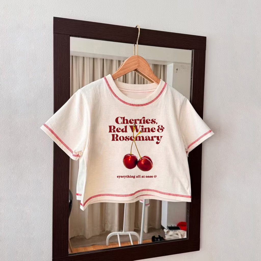 【My-T】 เสื้อยืดครอป ดีเทลเดินด้ายรอบเสื้อ“Cherry”พิมพ์ลาย เสื้อ baby teeผ้าCOTTONเสื้อครอปแขนสั้น ผู้หญิง