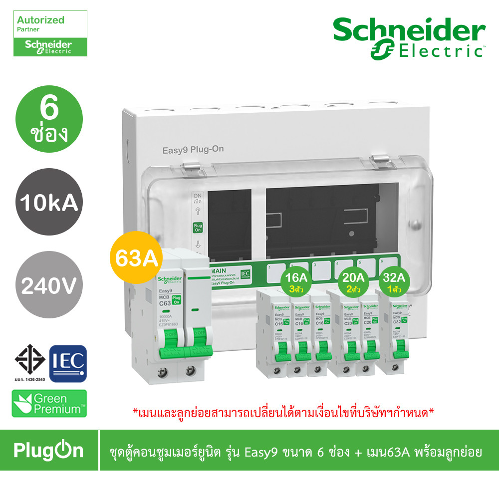 Schneider ชุดตู้คอนชูมเมอร์ยูนิต รุ่น Easy9 Plug-On ขนาด 6 ช่อง + เมนเบรกเกอร์ 63A พร้อมลูกย่อย