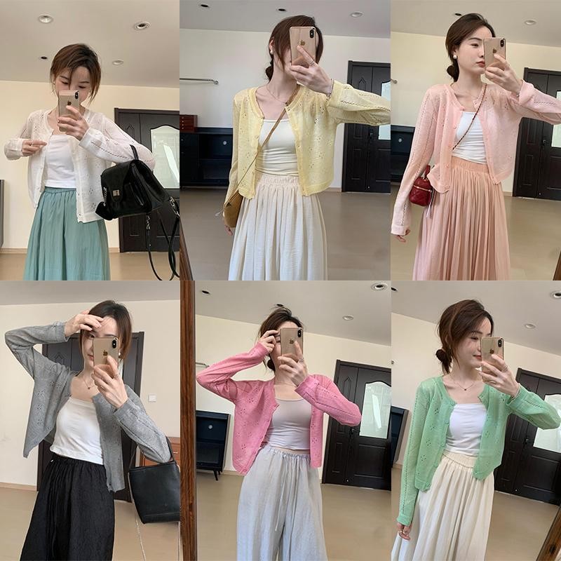 ohho HM501 เสื้อคาร์ดิแกนไหมน้ำแข็งถักแบบโปร่ง เสื้อคลุมกันแดดบางๆ