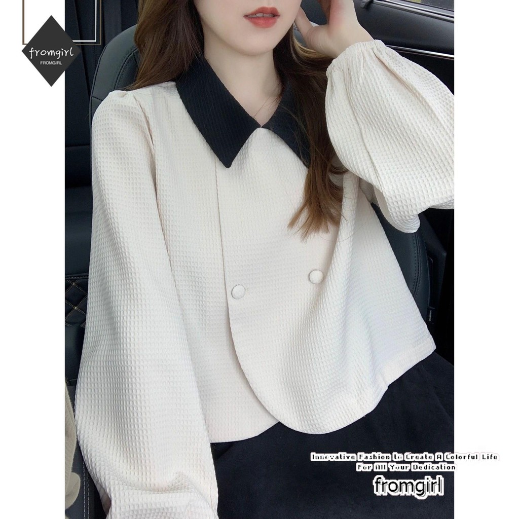 เสื้อเชิ้ตแขนยาวผู้หญิงฤดูใบไม้ร่วงฝรั่งเศสระดับสูงความรู้สึกการออกแบบอารมณ์ประสาทสัมผัสแจ็คเก็ตสั้นเสื้อ