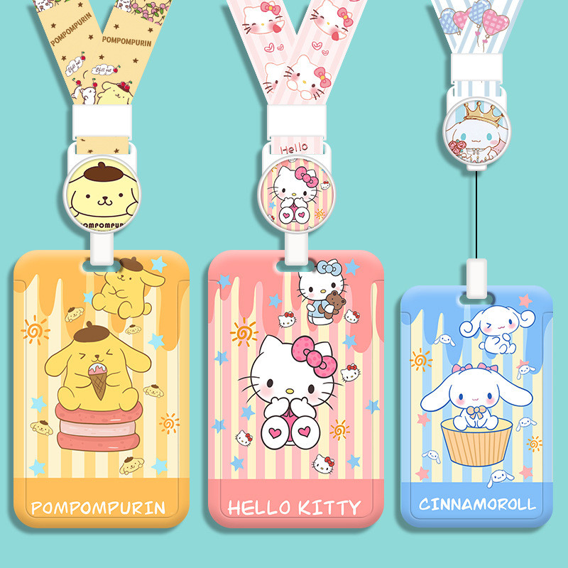 การ์ตูน Sanrio Lanyard Card Holder น่ารัก Kuromi Pachacco Student ID Protection Case มัลติฟังก์ชั่น Lanyard ป้ายชื่อ Bus Card Holder