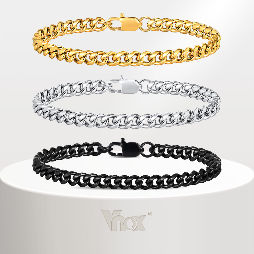 VNOX วีน็อกซ์ สร้อยข้อมือโซ่คิวบาสแตนเลส 6.5 มม. สําหรับผู้ชาย, สร้อยข้อมือย้อนยุคคลาสสิก, ของขวัญวันเกิดเครื่องประดับ