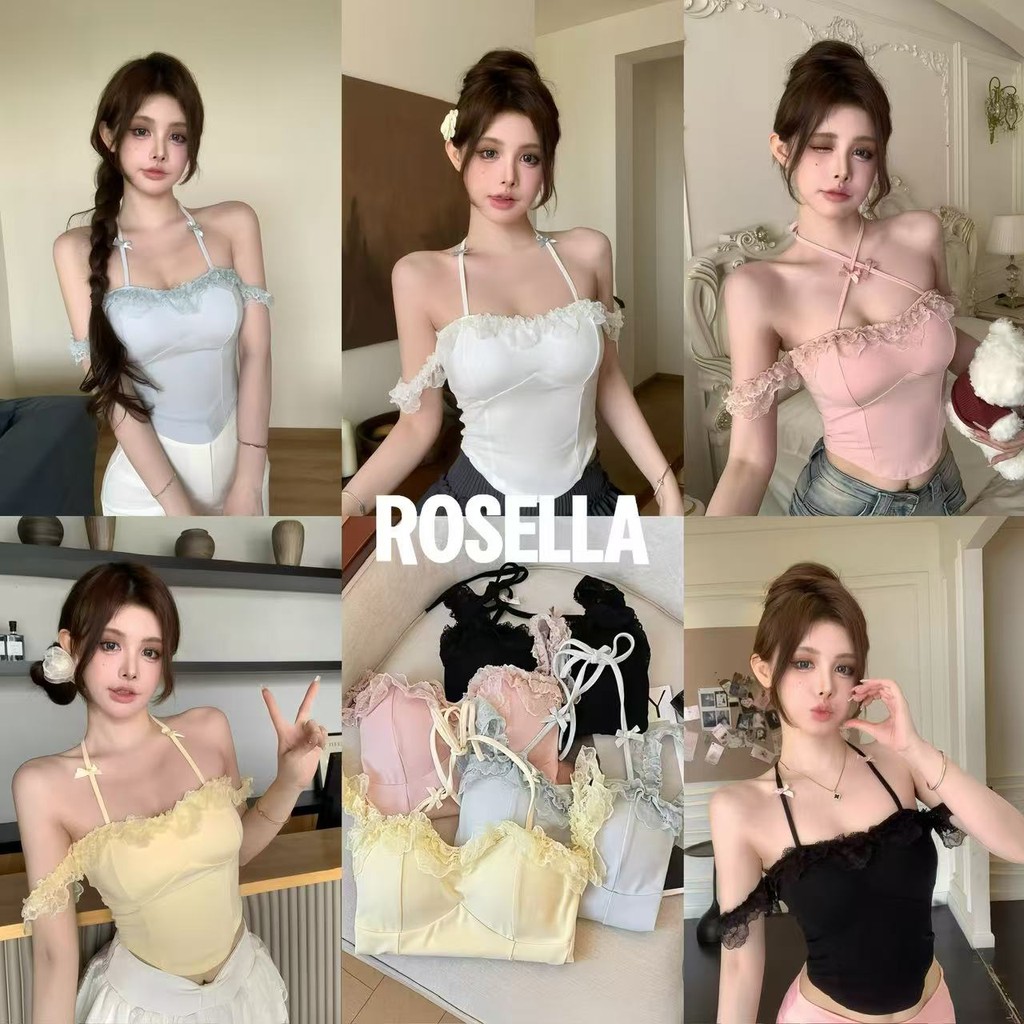 Rosella เสื้อแขนกุดคอเชือกแขวนคอโดปามีนผู้หญิง เสื้อสายเดี่ยวเสริมฟองน้ำ มีสายสองเส้น ใส่ได้หลายสไตล์ เซ็กซี่เบาๆ