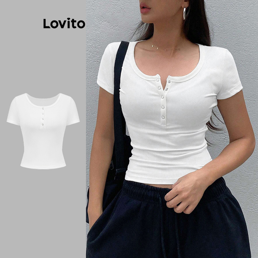 Lovito เสื้อยืดผู้หญิง มีกระดุมหน้า สีพื้น สไตล์ลำลอง L90AD039