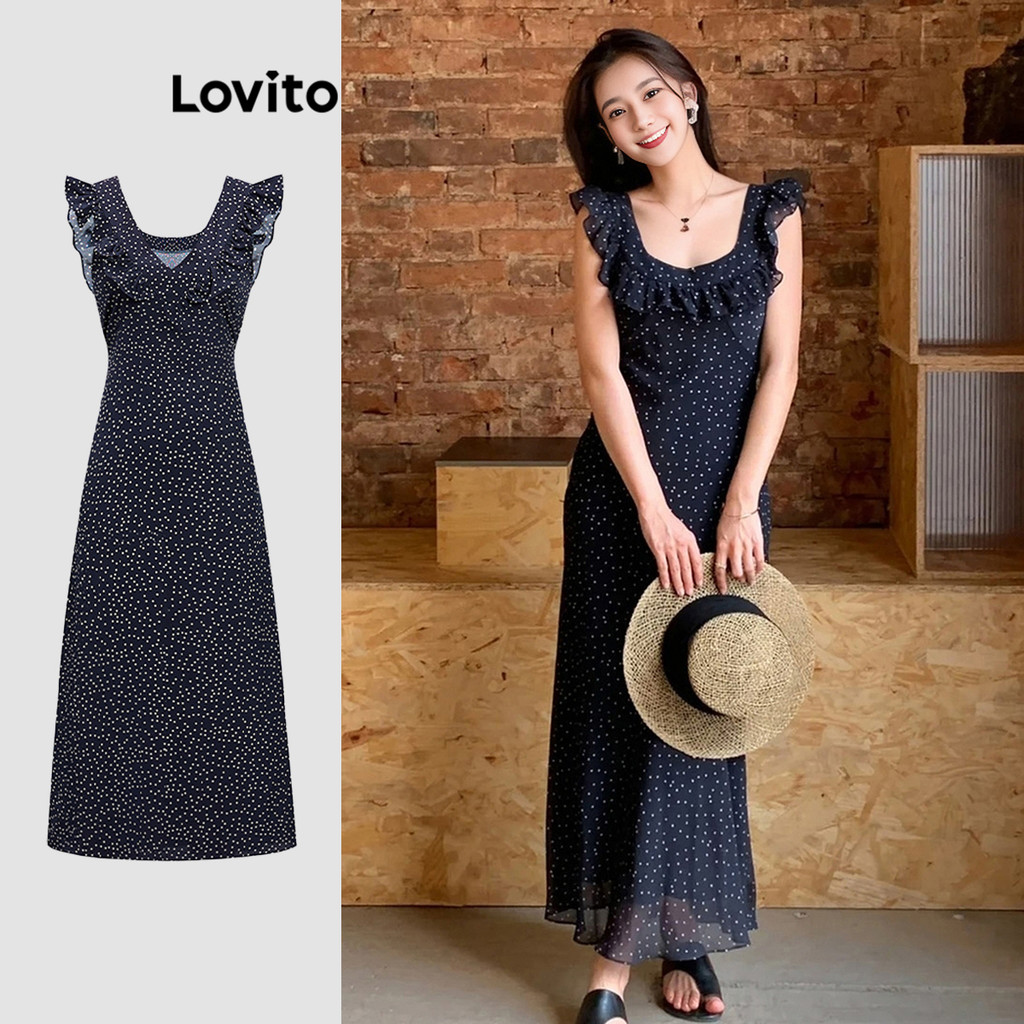 Lovito เดรสผู้หญิง ลายจุด แต่งระบาย สไตล์หรูหรา L90AD157