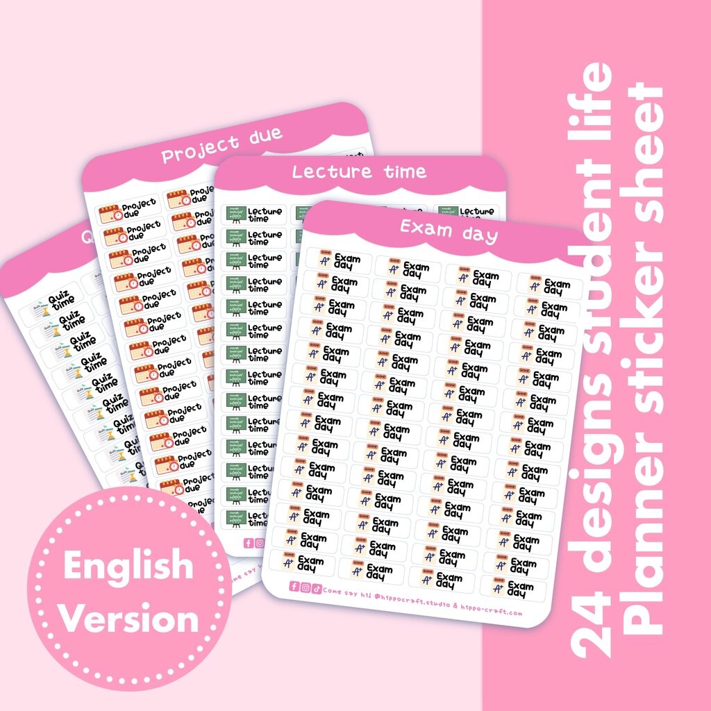 (Eng) 24 แบบ Student life Planner sticker sheet สติ๊กเกอร์ของนักเรียน/นักศึกษา เตือนความจำ ติดปฏิทินหรือแพลนเนอร์