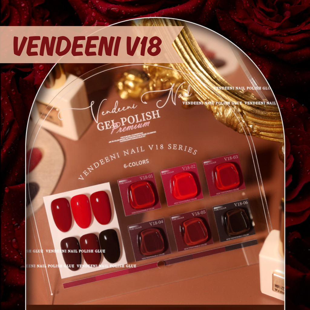 Vendeeni V18 สีเจลโทนสีแดง เซต 6 สี แถมชาร์ตสำเร็จรูป ปริมาณ15ml - wenailsth