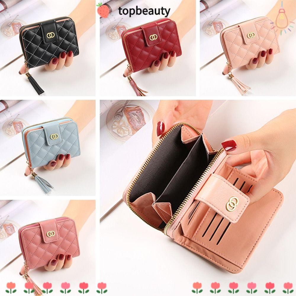 Topbeauty Wallets กระเป๋าซิปสั้นพู่ความจุขนาดใหญ่