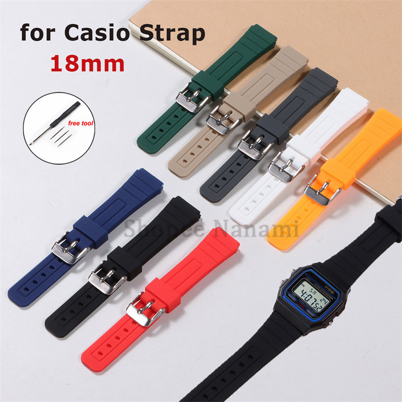 18 มม.ซิลิโคนสีสันสดใสสําหรับ Casio F91W F105/108 A158/168 AE1200/1300 เปลี่ยนสายนาฬิกายางกันน้ํานุ่มสร้อยข้อมือกีฬานาฬิกาอุปกรณ์เสริม