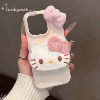 Iphone 16 15 14 13 12 11 Pro Max X Xr Xs Max เคสโทรศัพท์น่ารัก 3D DIY สีชมพูฤดูหนาวตุ๊กตาสีชมพูโบว์ KT Cat + Lanyard หนังนุ่มปกหลัง