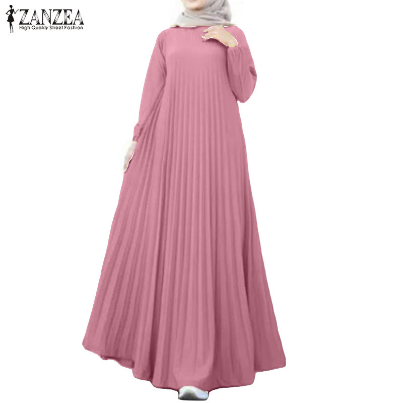 ZANZEA ใส่ ซานเซีย ผู้หญิงมุสลิมทุกวันสบายๆ โอ-คอจีบสีทึบ ก มิ้ม ชุด