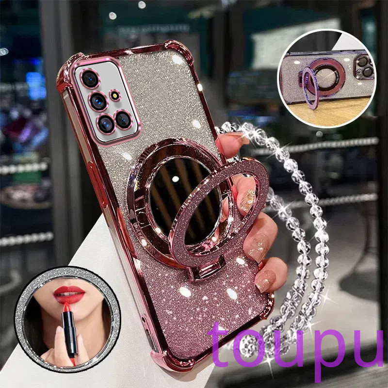 เคส Samsung A51 สี่มุมแฟชั่นแฟลชกันกระแทกกรณี 3D โทรศัพท์กรณีกระจกแต่งหน้าสร้อยข้อมือกรณีนุ่มใหม่ กรณีโทรศัพท์ Samsung A51