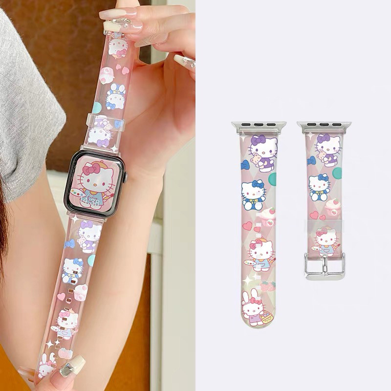 สายนาฬิกาลายแมว kt สีชมพูไล่ระดับสีสําหรับ Apple Watch Ultra 8 7 49 มม. 45 มม. 40 มม. 41 มม. 44 มม. IWatch Series SE 6 5 4 3 2 1 tpu ซิลิโคนอ่อนนุ่ม