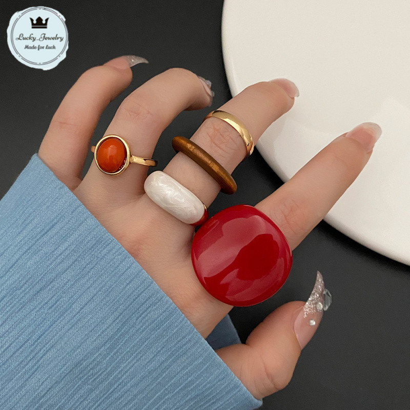 Lucky Europe and America Creative Resin Wine RED ชุดแหวนนิ้วขนาดใหญ่5ชิ้น