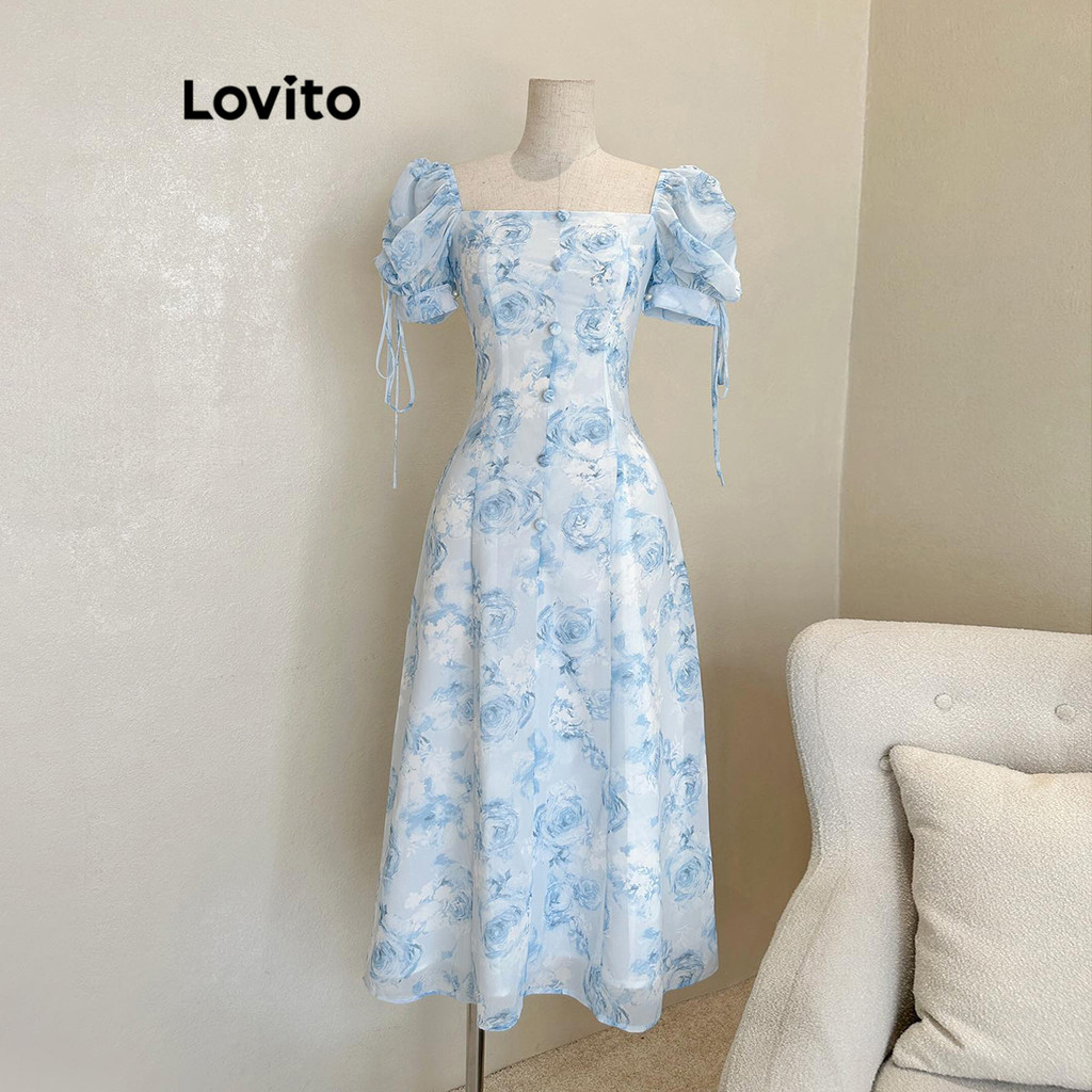Lovito ชุดเดรสผู้หญิง แต่งกระดุมคู่ มีสายผูก ลายดอกไม้ สไตล์ลำลอง L86ED346
