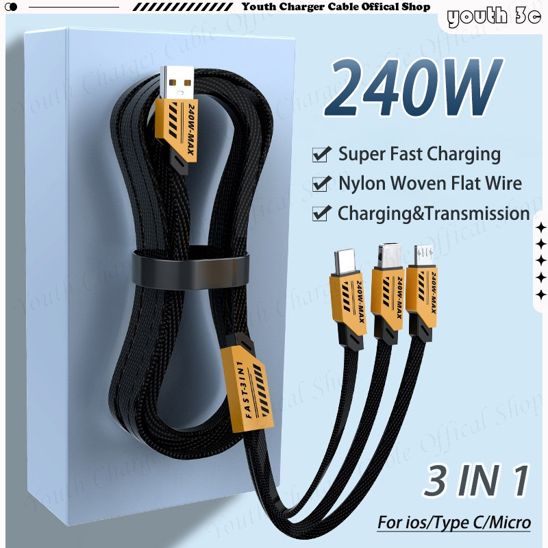 สาย USB โทรศัพท์ type c สายชาร์จ 3 IN 1 240W Ultra Fast Charging ไนลอน Braided Data Cable สําหรับ ios/type c/micro