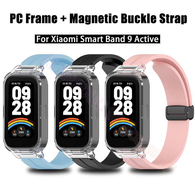สําหรับ Xiaomi Mi Smart Band 9 Active Magnetic Buckle สายรัดซิลิโคน + เคสป้องกัน Hard Pc กันชนป้องกันหน้าจอสําหรับ Redmi Band 3