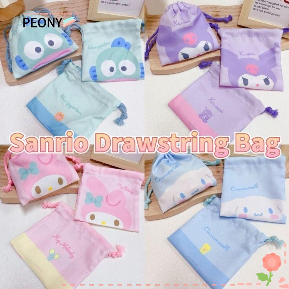 Peonypavilion Mini Bundle Pocket, Kawaii การ์ตูน Sanrio Kuromi Drawstring Bag, ถุงผ้าโพลีเอสเตอร์กระเป๋าเก็บกระเป๋าพิมพ์เหรียญสไตล์ญี่ปุ่น