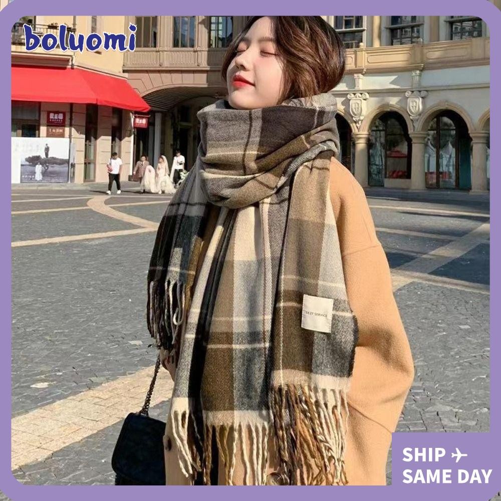 โบลูโอมิ ผ้าพันคอพู่ยาว,ผ้าพันคอลายสก๊อตฤดูหนาวที่อบอุ่นหนา,กุหลาบหรูหราสีชมพูนุ่ม พาสมีนา ผู้หญิง
