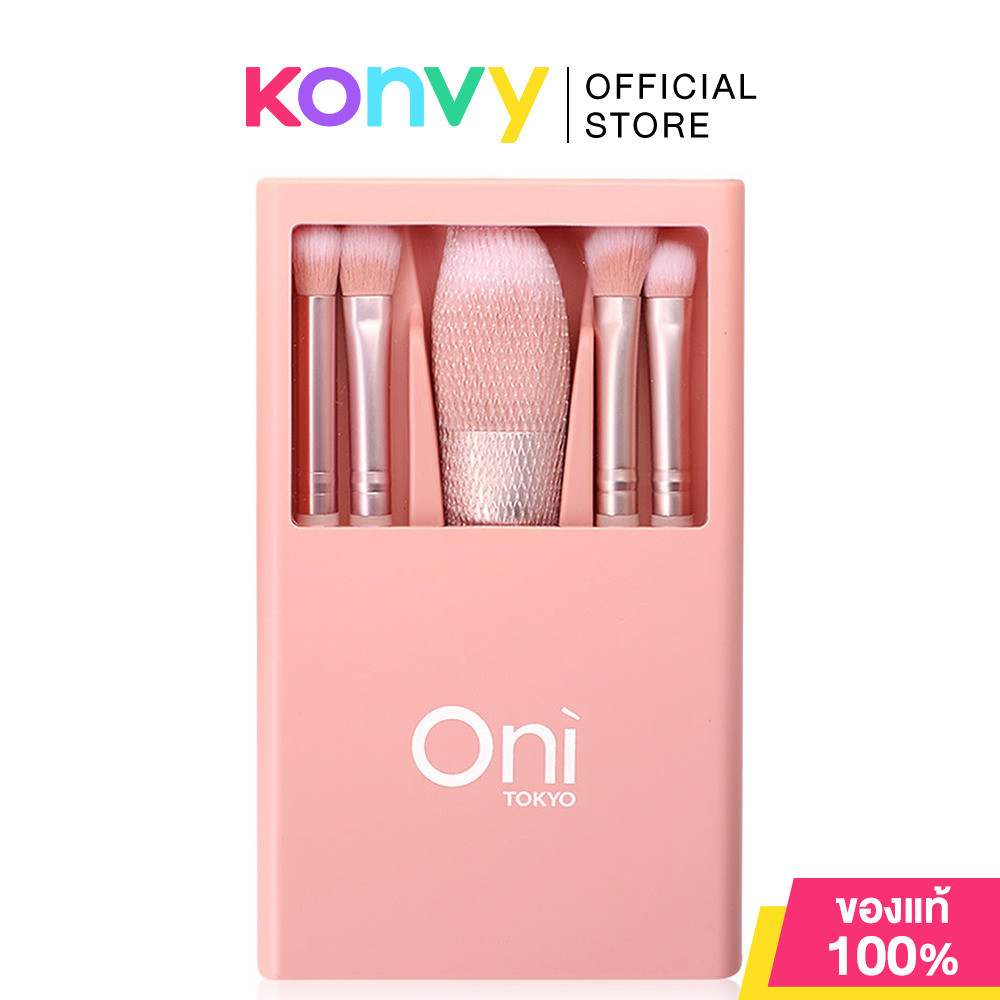 Oni Macaron Portable Makeup Brush Set With Mirror 5pcs #Sakura Pink โอนิ เซทแปรงแต่งหน้าสีชมพูซากุระ 5 ชิ้น.