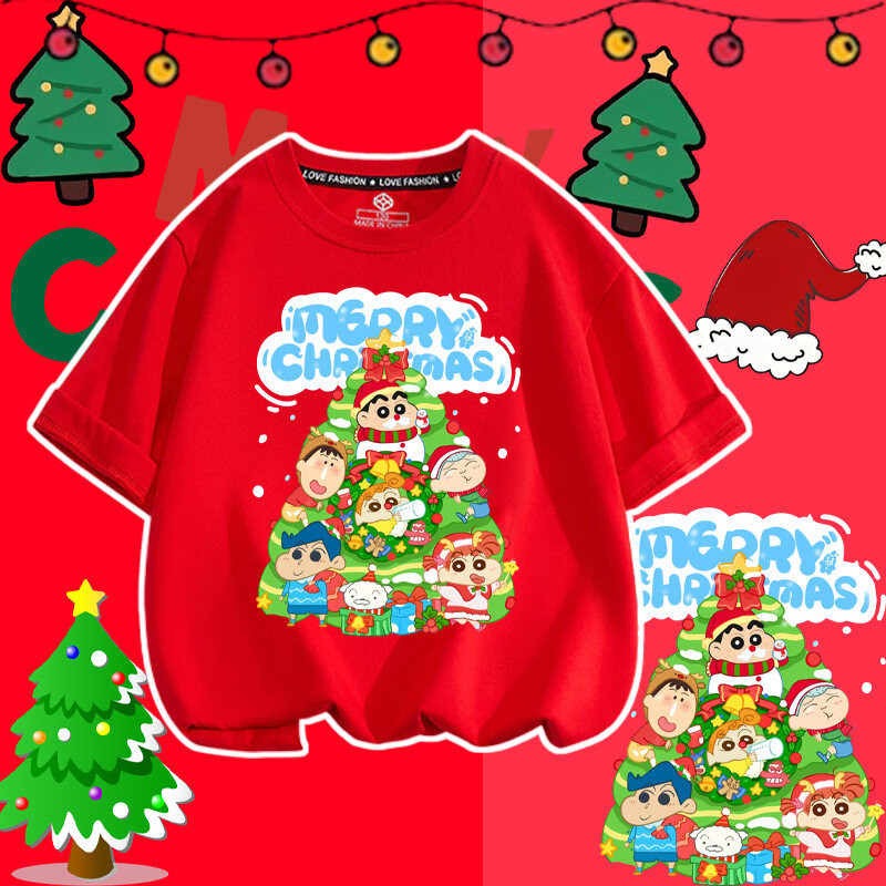 (จัดส่งตลอด 24 ชั่วโมง)KIDS PRINCESS Cute Crayon Shin Chan Merry Christmas  เสื้อยืดเด็ก คอตตอน เด็ก