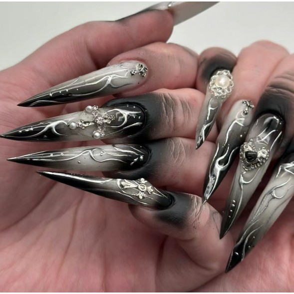 เล็บปลอม ชุดเล็บปลอมแหลมระลอกคลื่นเย็นยาวพร้อมกาวเล็บปลอมกดบนเล็บ ราคา ถูกที่สุด ดีลบีเคเค แกลเลอรีภาพที่ 2