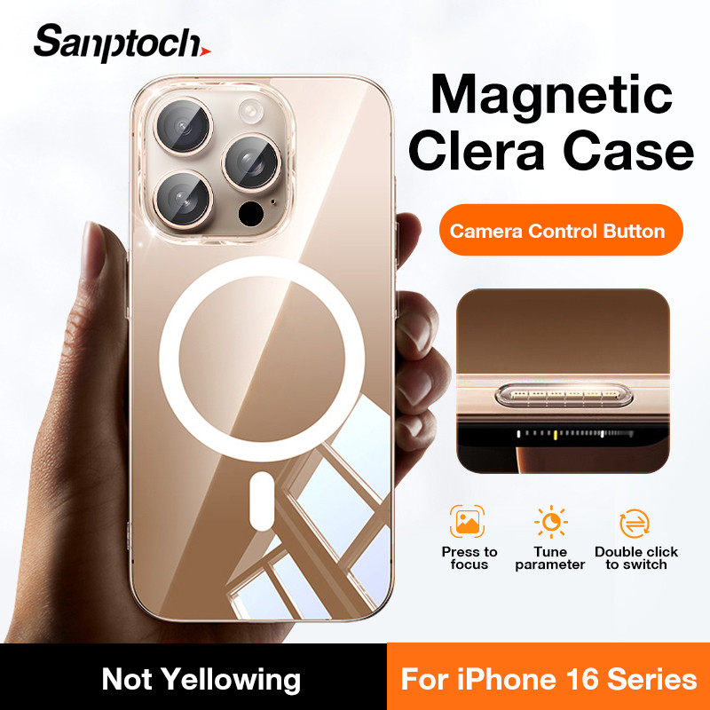 ปุ่มกล้องSantich สําหรับแม่เหล็กคริสตัลใสเคสโทรศัพท์สําหรับ iPhone 16 Pro Max กรอบ TPU แบบนุ่มพร้อมฝาหลังแข็งโปร่งใส Matte Militarily ปลอกกันกระแทก