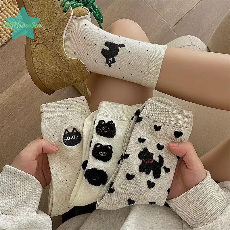 [BigHouseSea] การ์ตูนสัตว์ Kawaii แมวน่ารักสําหรับผู้หญิงถุงเท้าผ้าฝ้ายสไตล์ญี่ปุ่นสบายหญิงสบายๆถุงเท้ากลางหลอดใหม่