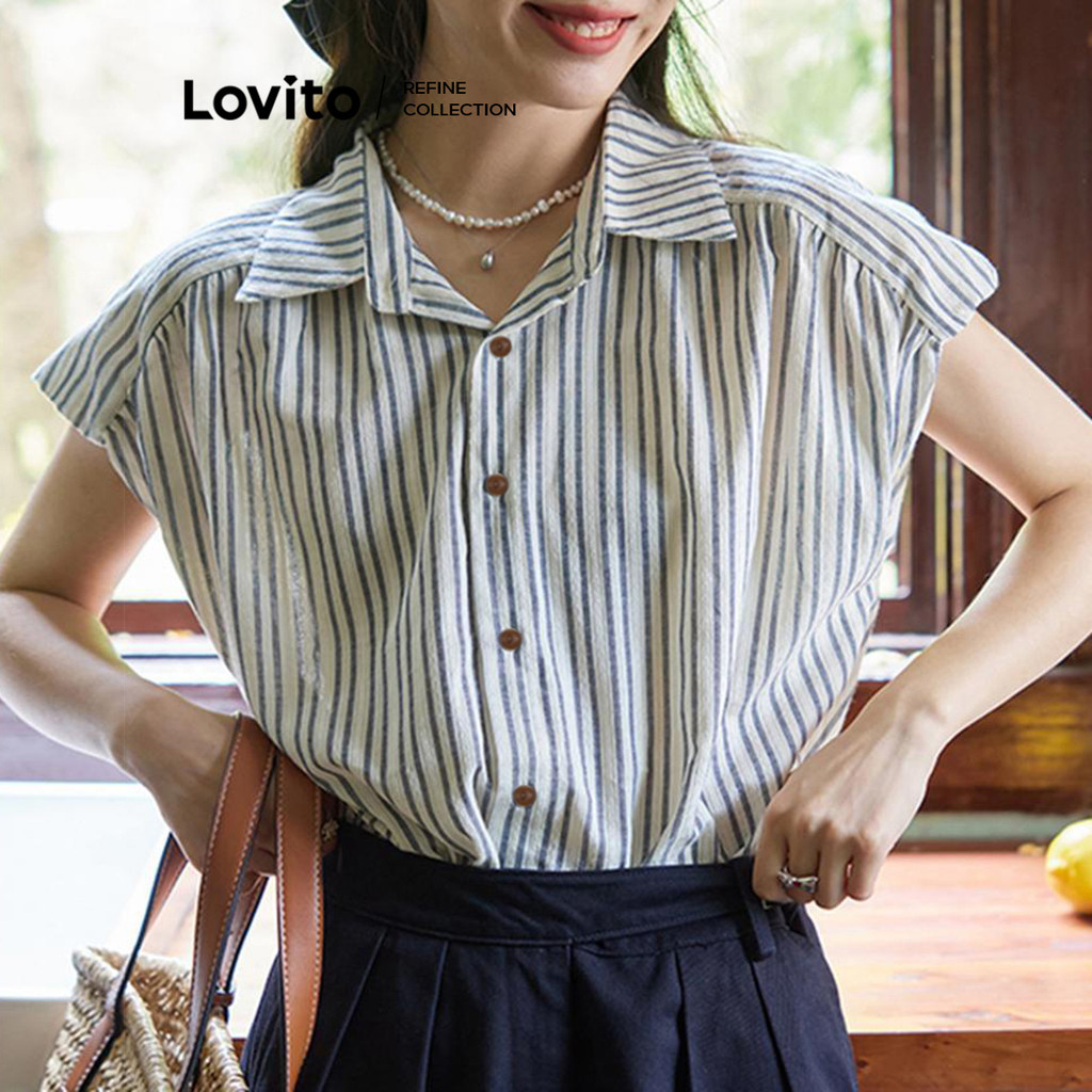 Lovito เสื้อเบลาส์ลายทางเรขาคณิตสำหรับผู้หญิง LNE83060