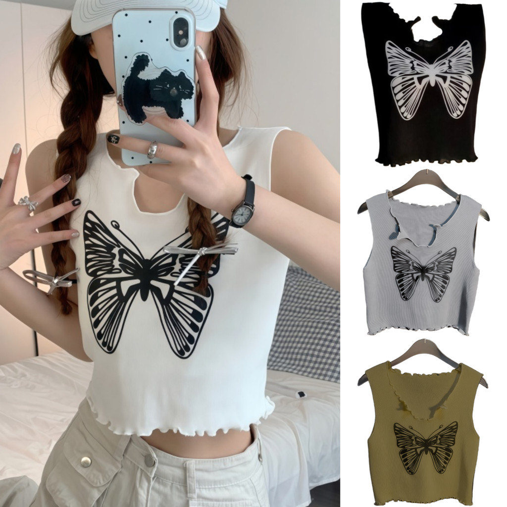 Suysuy พร้อมส่ง เสื้อครอป แขนกุด ผ้าเรยอน ยืดๆ แต่งสกรีนลายผีเสื้อ เก๋ๆ ชิคๆ ทรงสวย แมทซ์ลุคง่าย เหมาะสำหรับผู้หญิง
