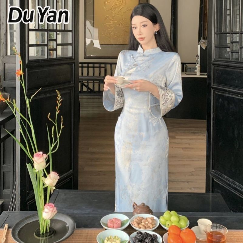 Du Yan ชุดสตรีสไตล์จีนใหม่สีฟ้าพิมพ์ Slim-Fit ชุดเดรสคอปกขาตั้งสไตล์แห่งชาติ