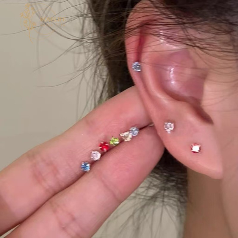 Roselife S925 เงิน Minimalist สีสัน Shining Rainbow คริสตัลต่างหูผู้หญิงมินิแฟชั่น Zircon Pierced หูเครื่องประดับทุกวันอุปกรณ์เสริมของขวัญ