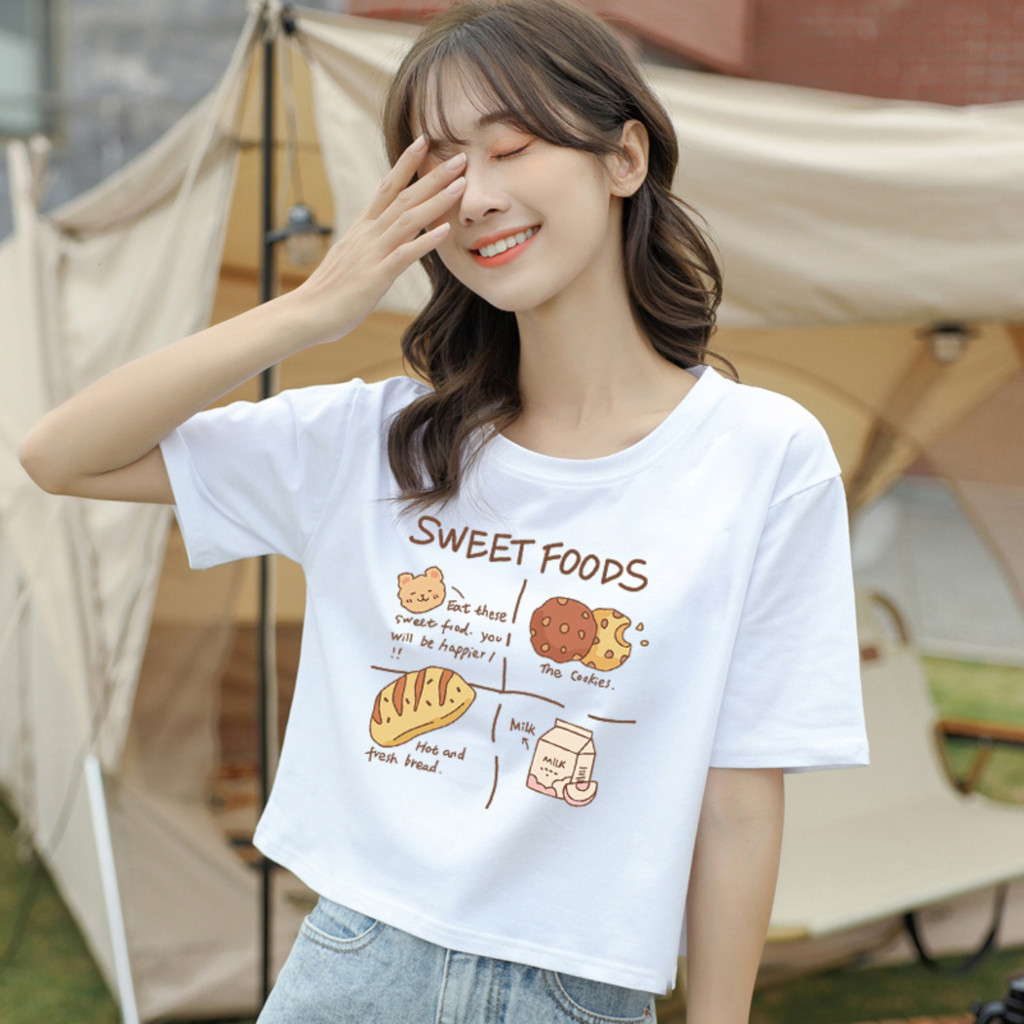 （พร้อมส่งจากกทม มาถึงใน 2วัน）เสื้อยืดคอกลมสั้นแขนสั้นผู้หญิงใหม่ผ้าฝ้ายแท้ลำลองพิมพ์ลายการ์ตูนรูปแบบใหม่