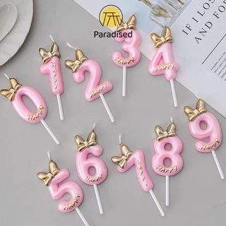 💕เทียนโบว์ สีชมพูน่ารัก เบอร์ 0-9 สําหรับตกแต่งเค้กวันเกิดParadised