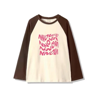 MKL เสื้อยืดแขนยาว คอกลม ทรงหลวมขนาดใหญ่ สีพื้น พิมพ์ลายอักษรสีชมพู แฟชั่นฤดูใบไม้ผลิและฤดูใบไม้ร่วง #B018