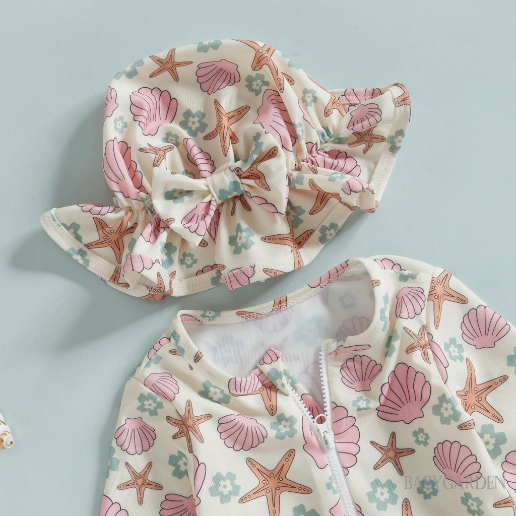 //-6เดือน-4ปี เด็กทารกผื่นยามชุดว่ายน้ํากับหมวกเปลือกปลาดาวลายซิปขึ้นแขนยาวลูกเรือคอชุดว่ายน้ํา