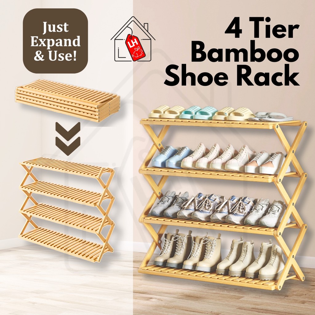 LH Bamboo 4Layer Rak Kasut Bertingkat ชั้นวางรองเท้า Kasut รองเท้า Rack รองเท้า Rak Kasut Aesthetic 