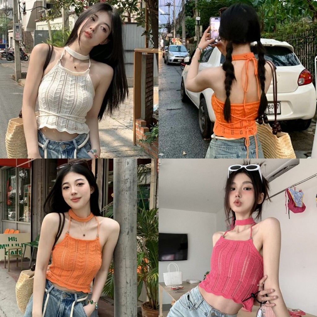 Anne เสื้อสายเดี่ยว แขนกุด สีพื้น คล้องคอ ผ้าถัก เสื้อครอป สไตล์ลำลอง เกาหลี เซ็กซี่ แฟชั่น #32161