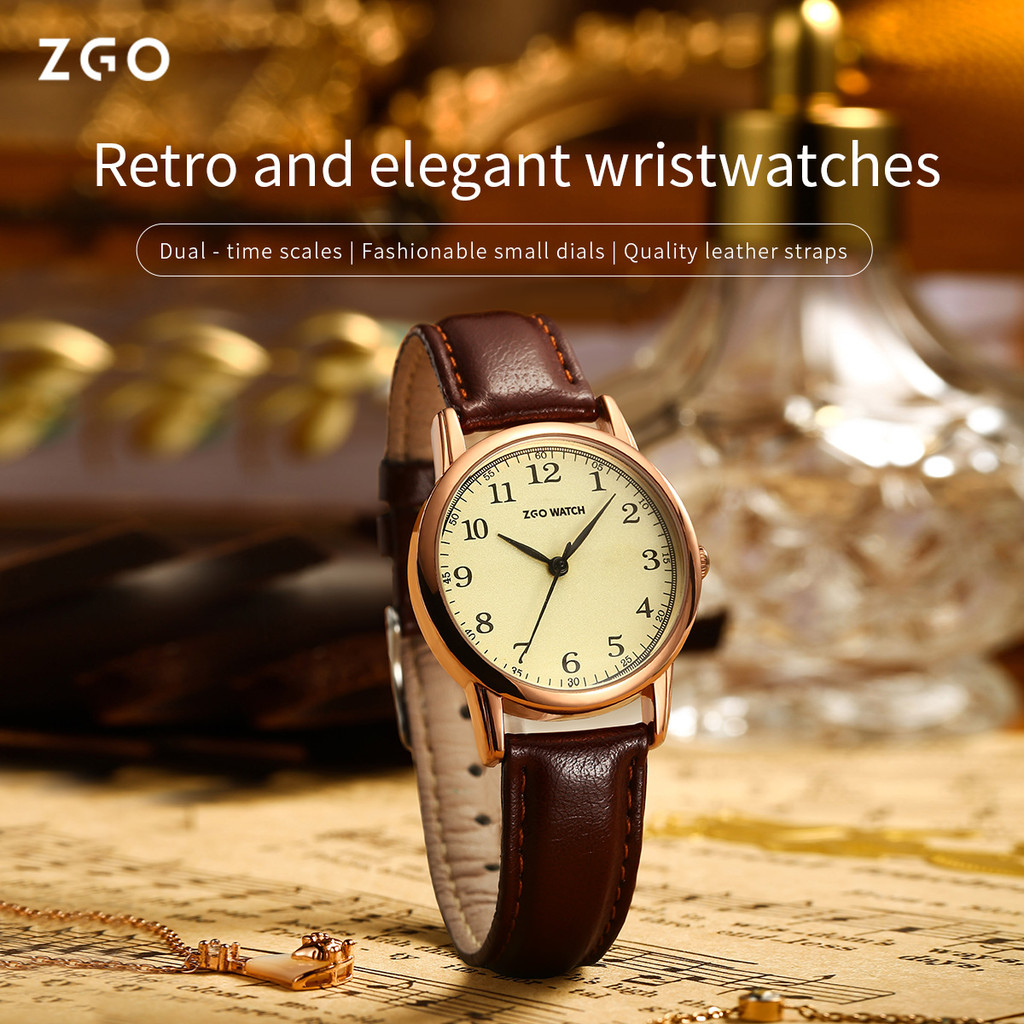 Zgo นาฬิกาผู้หญิง Retro Elegant Fshion เข็มขัดหนังกันน้ําสาวนาฬิกาของขวัญวันเกิด 215