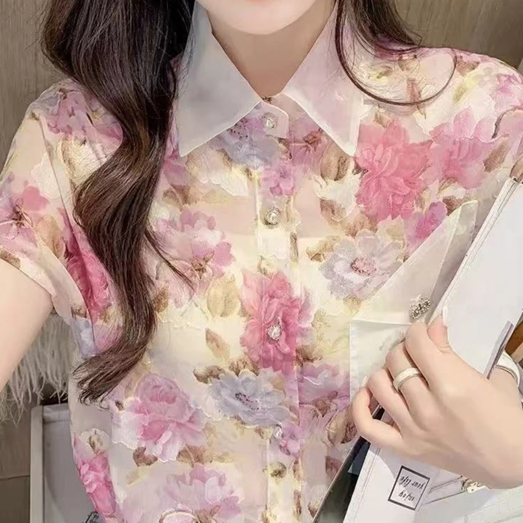 เสื้อเชิ้ตฮาวายคอบัว แขนสั้น ลายดอกไม้ ผ้าชีฟอง thumbnail 4