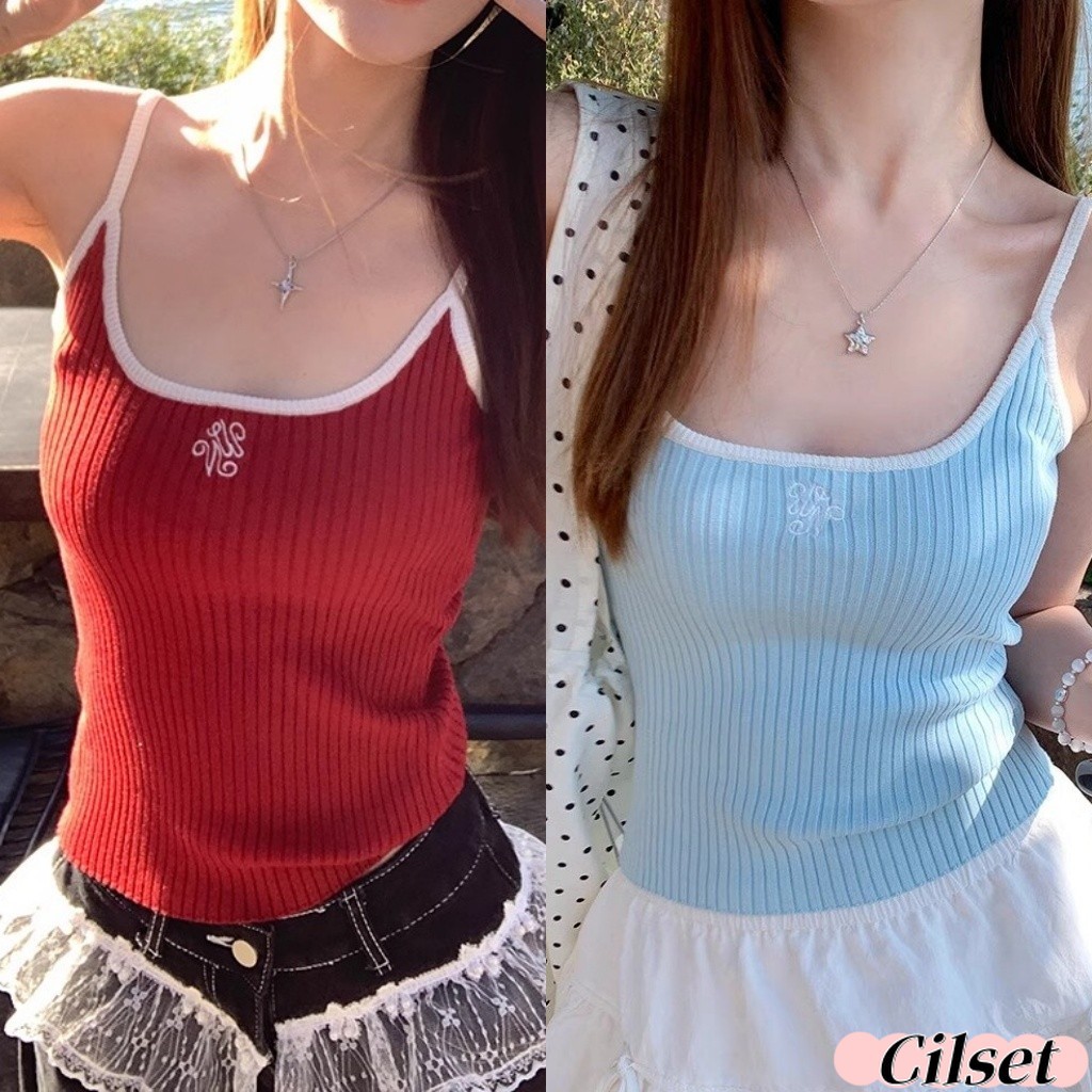 Cilset🛒พร้อมส่ง🎀 เสื้อสายเดี่ยว สีสดใส ผ้าร่องปักตัวอักษร ซัมเมอร์ แฟชั่นแบบเรียบง่าย เสื้อท่อนบน /Y