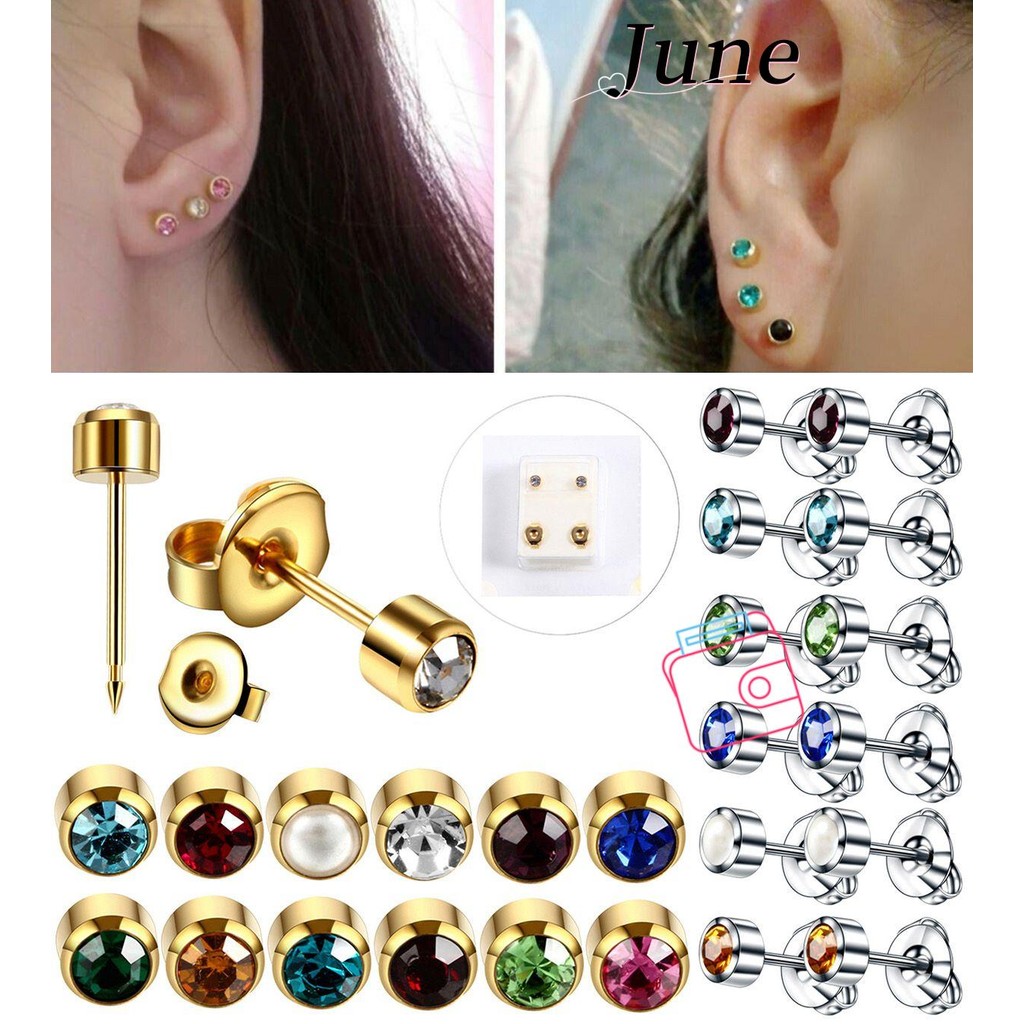 JUNE 1 คู่ 4 มม.คริสตัลหูเจาะที่สวยงาม Zirconia ฝัง Anti-sensitive Stud ต่างหู