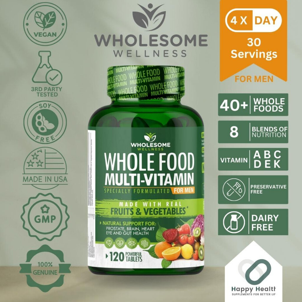 Wholesome Wellness Whole Food Multivitamin for Men Made with Organic & Natural Fruits & Vegetables (120 Capsules)