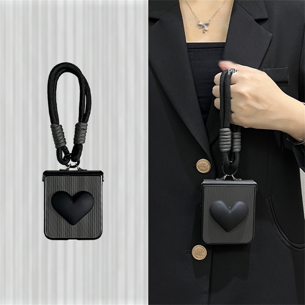 Ins เคสโทรศัพท์สีดําลายลายทางเกาหลีหรูหราพร้อมเชือกแบบพกพาสําหรับ Xiaomi Mix Flip Mixflip ฝาหลังแบบแข็ง