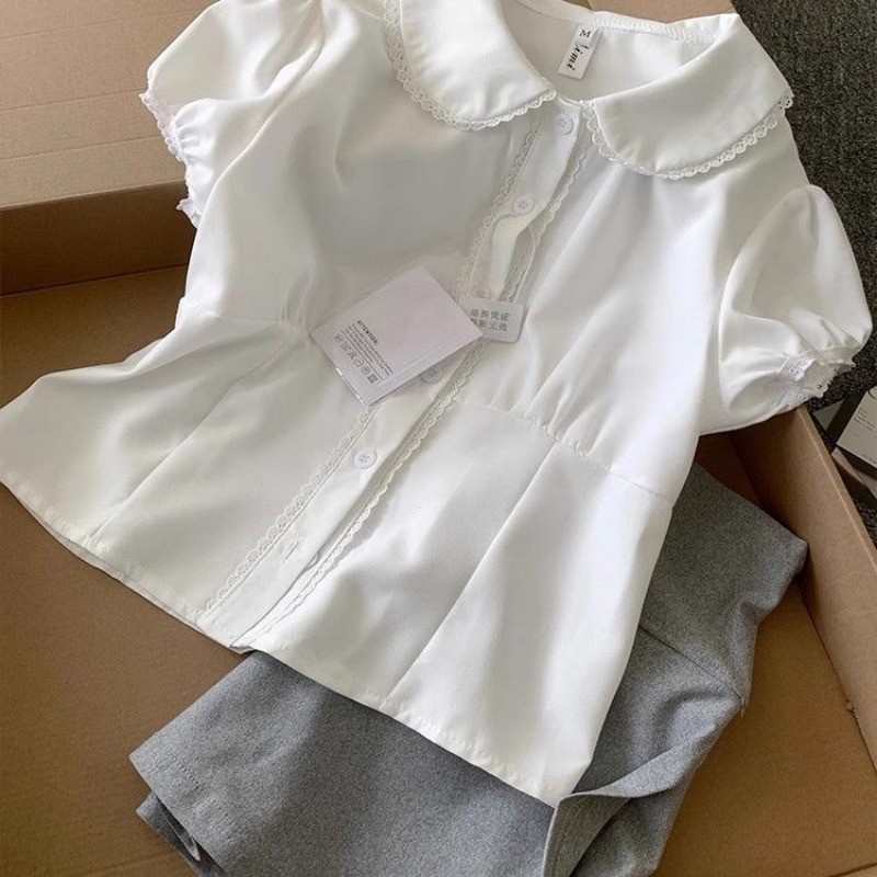 Mona~ลูกไม้ ประกบ สีทึบ แขนสั้น เสื้อเชิ้ต เวอร์ชั่นเกาหลี สไตล์ใหม่ – โปรปัง