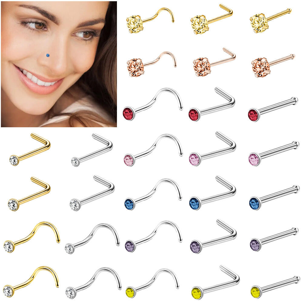 1 PC สแตนเลสสตีลจมูกเจาะ 20G/18G Nostrail Stud L/I/S จมูก 1.5/2/2.5/3 มม.คริสตัล Nostril เจาะ 7 มม.เจาะจมูกสําหรับผู้หญิงและผู้ชาย Gold Silver Multicolor