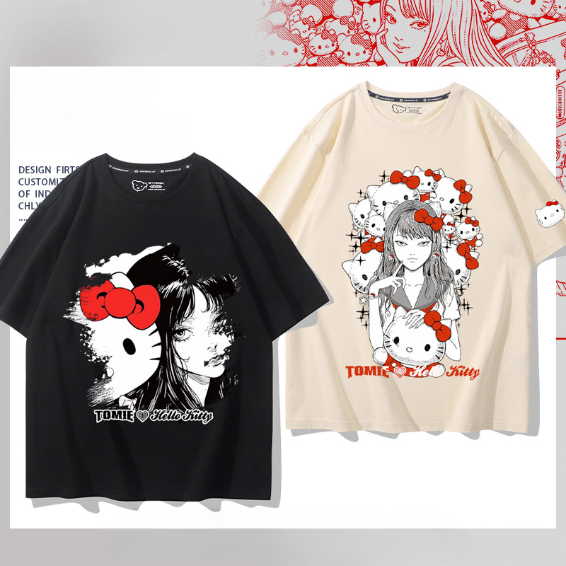พร้อมสต็อก Pure Cotton Ito Junji Joint Sanrio Hello Kitty และ Fujiang Pure Cotton แขนสั้นสองมิติทุกก