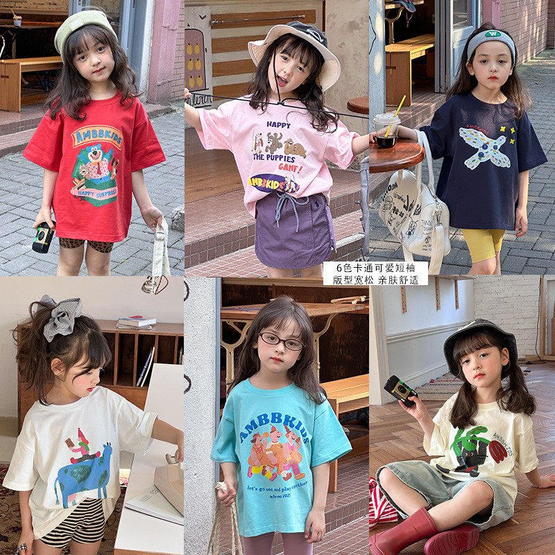 เสื้อผ้าเด็กฤดูร้อนเด็กเกาหลีรุ่นการ์ตูนเสื้อยืดลําลองหลวมครึ่งแขนจดหมายพิมพ์แขนสั้นด้านบน